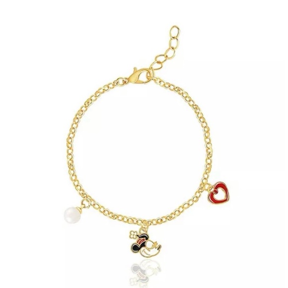 NEW Disney Minnie Mouse Gold Charm Bracelet with Heart and Pearl Accents - Picture 1 of 7